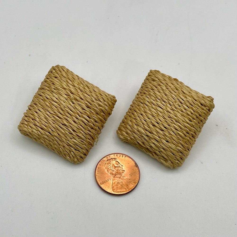 Rustic Jute Square Clip Earrings Statement Boho Vibe Neutral - Picture 12 of 16
